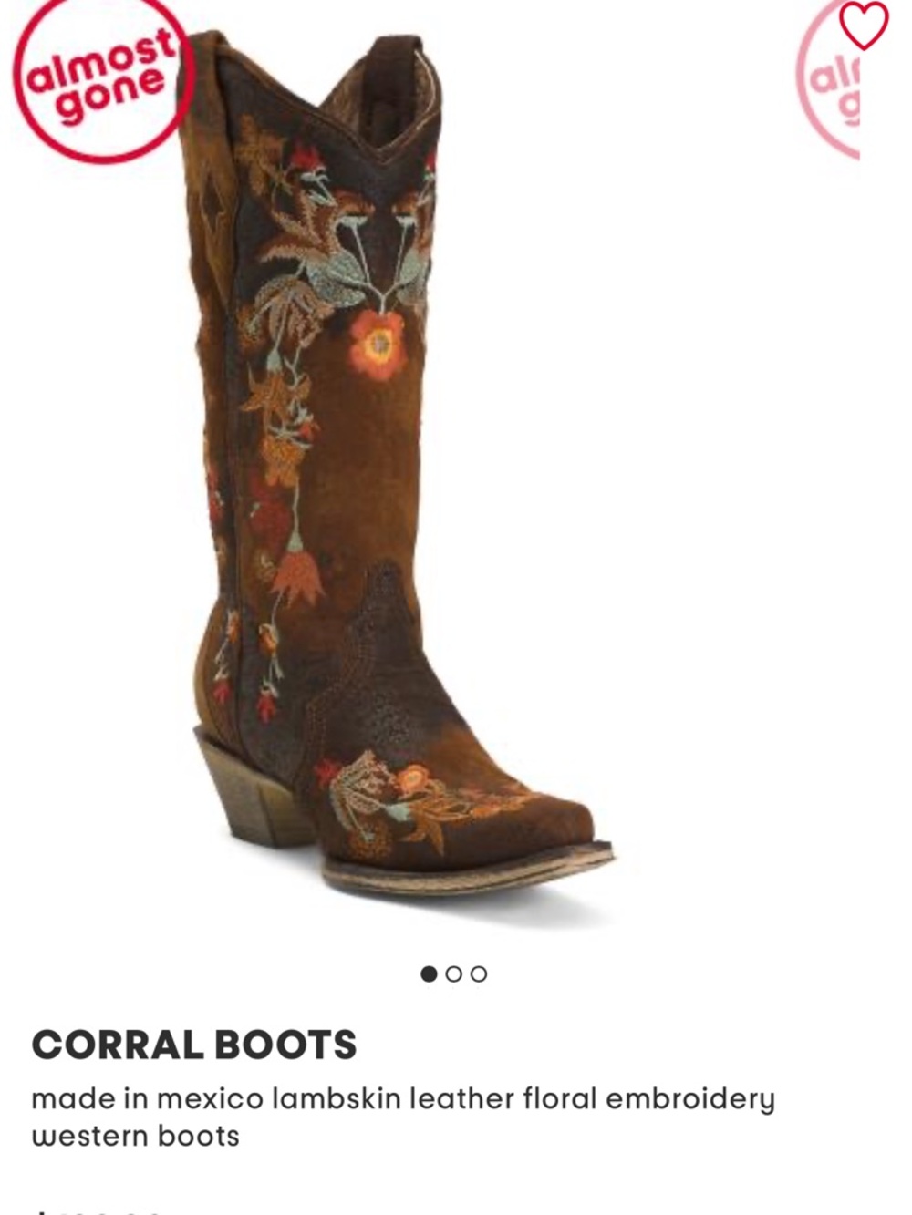 Corral Brown Embroidered Floral Western Heeled Boots - Picture 6 of 7